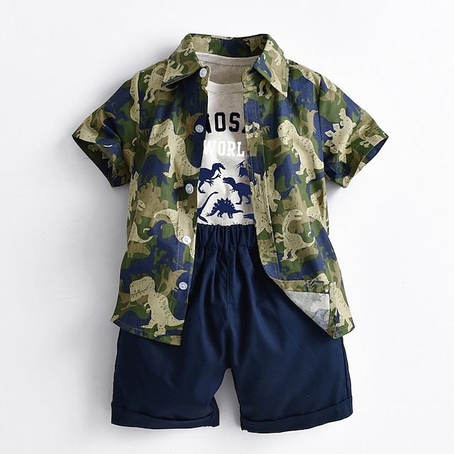 Baby & Kids Boys Clothing | Kids Boys Shorts Set Clothing Set 3 Pieces Short Sleeve Army Green Cartoon Camouflage Dinosaur Ruche