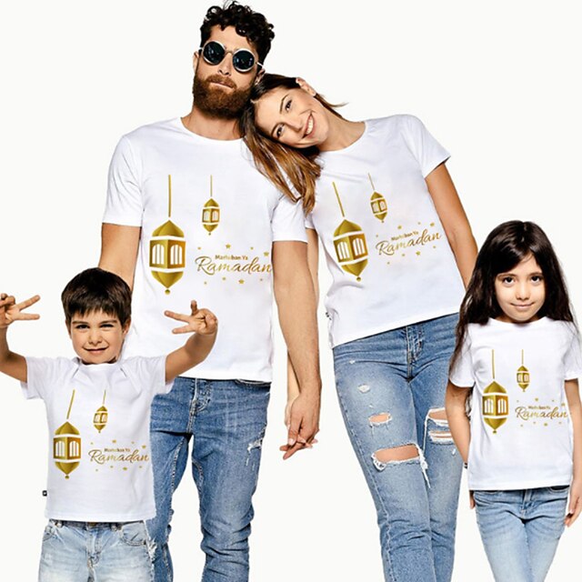 Baby & Kids Matching Outfits | Family Look Ramadan T shirt Tops Star Letter Causal Print White Short Sleeve Casual Matching Outf