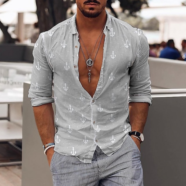  Men's Shirt Rudder Turndown Street Casual Button-Down Long Sleeve Tops Casual Fashion Breathable Comfortable Gray