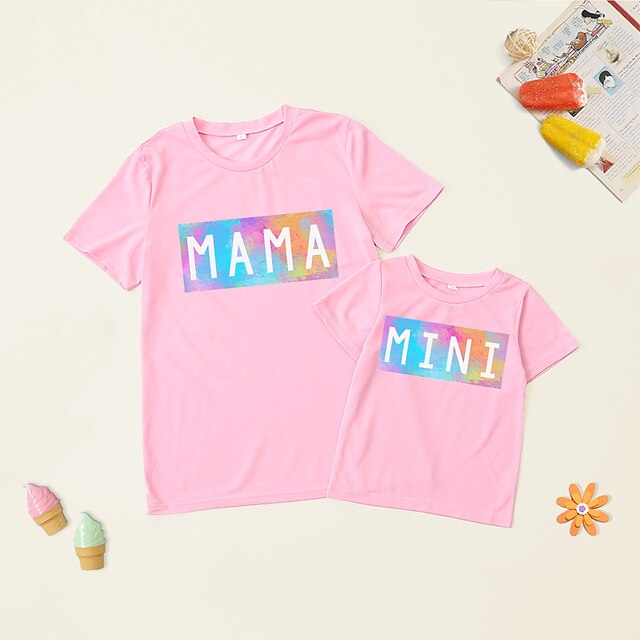 Baby & Kids Matching Outfits | Mommy and Me T shirt Tops Letter Causal Print Pink Short Sleeve Casual Matching Outfits / Spring 