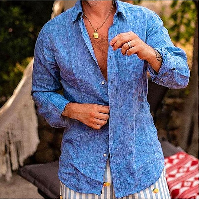 Mens Clothing Mens Shirts | Mens Shirt Solid Color Turndown Street Casual Button-Down Long Sleeve Tops Casual Fashion Breathable