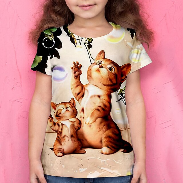  Mädchen 3D Tier Katze T-Shirt Kurzarm 3D-Druck Sommer Aktiv Polyester kinderkleidung 4-12 Jahre Schulanfang Freizeitskleidung Regular Fit