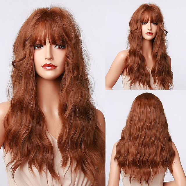 Beauty & Hair Wigs & Hair Pieces | HAIRCUBE Long Wavy Auburn/Ombre Brown/Ash Brown/Dark Brown/Dark Synthetic Wigs with Bangs Nat