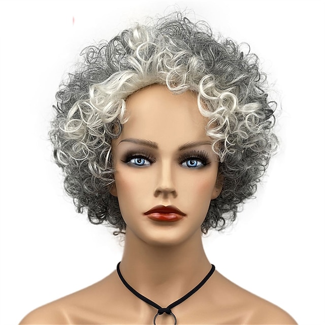  Dark Gray Cream Mixed Short Curly Black Women Wigs Heat Friendly Smooth Natural Hair