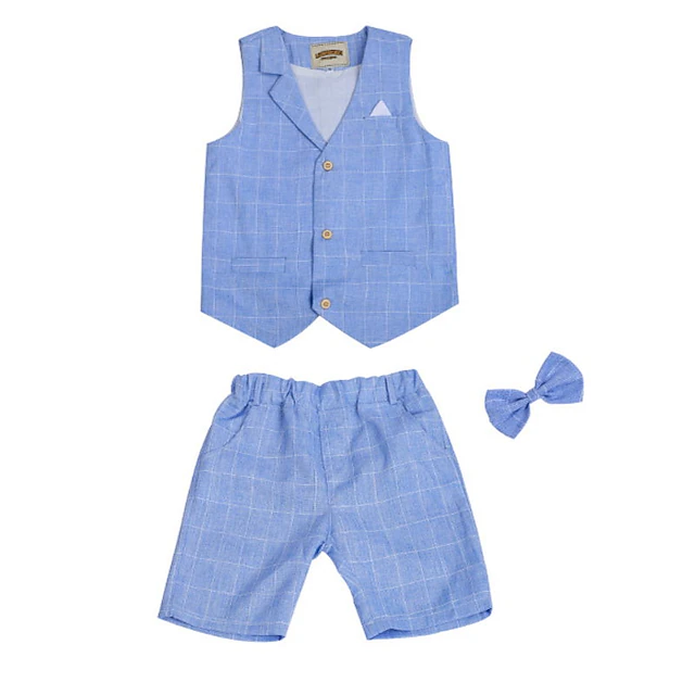 Kids Boys Suit Vest Shorts Set Clothing Set 3 Pieces Sleeveless Blue Gray Pink Plaid Formal Birthday Gentle Preppy Style 4-13 Years 9