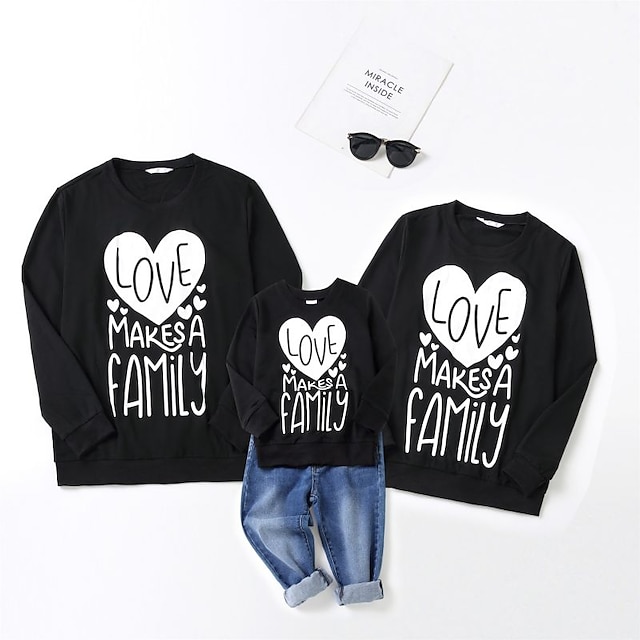 Baby & Kids Matching Outfits | Family Look T shirt Heart Letter Daily Print Black Long Sleeve Active Matching Outfits - ZR22879