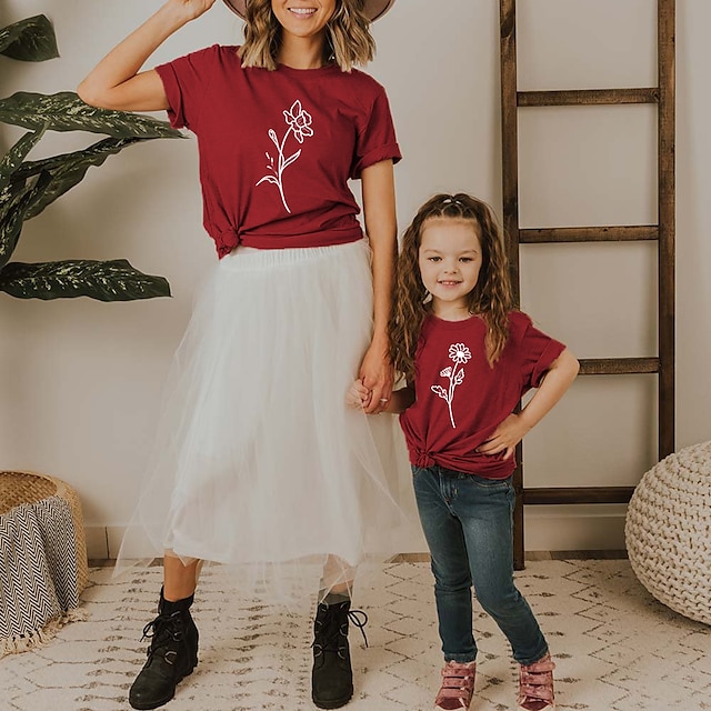 Baby & Kids Matching Outfits | Mommy and Me T shirt Tops Floral Causal Print Pink Red Short Sleeve Adorable Matching Outfits - Z