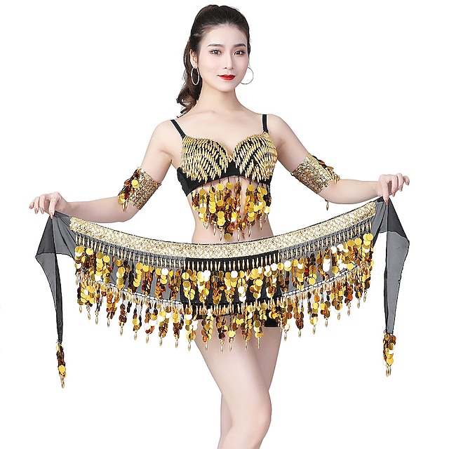  Women's Dancer Belly Dance Pole Dance Outfit Night Club Dress Party Polyester Light golden Silver Belt