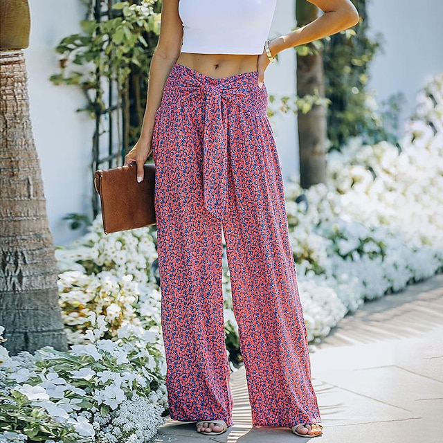  Kadın's Çince Pantolonlar YAKUT Orta Bel Moda Günlük Kumsal Desen Mikro-Esnek Tam uzunluk Rahat Çiçekli S M L XL XXL / Bol Fit
