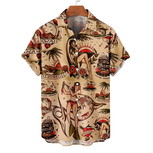  Men's Summer Hawaiian Shirt Shirt Print Aloha Graphic Prints Turndown Casual Daily Button-Down Print Short Sleeve Tops Designer Casual Fashion Black / White Pink Brown