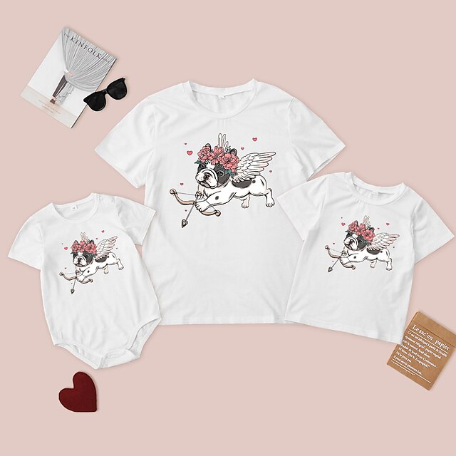 Baby & Kids Matching Outfits | Family Look Valentines T shirt Tops Floral Dog Heart Causal Print White Pink Short Sleeve Daily M