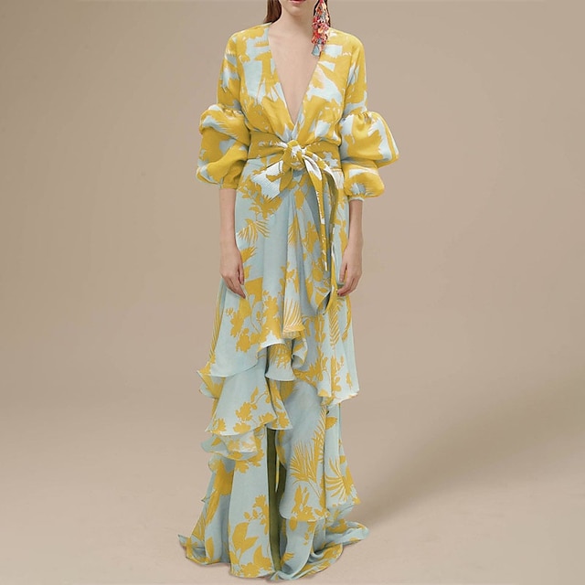  Robe balançoire femme boho robe longue robe maxi robe bleu jaune vert clair floral à lacets manches lanterne printemps été robe profonde v ourlet irrégulier week-end coupe ample 2023 s m l xl xxl