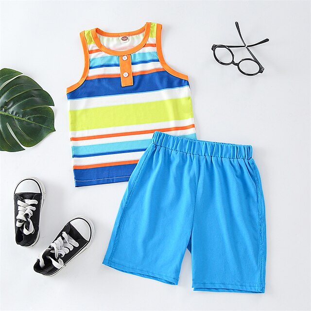 Baby & Kids Boys Clothing | Kids Boys Tank & Shorts 2 Pieces Sleeveless Blue Stripe Loose Vacation Casual Regular Knee-length 2-