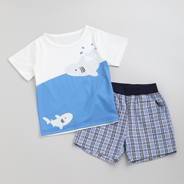 Baby & Kids Boys Clothing | Kids Boys T-shirt & Shorts Clothing Set 2 Pieces Short Sleeve White Plaid Shark Vacation Casual Dail