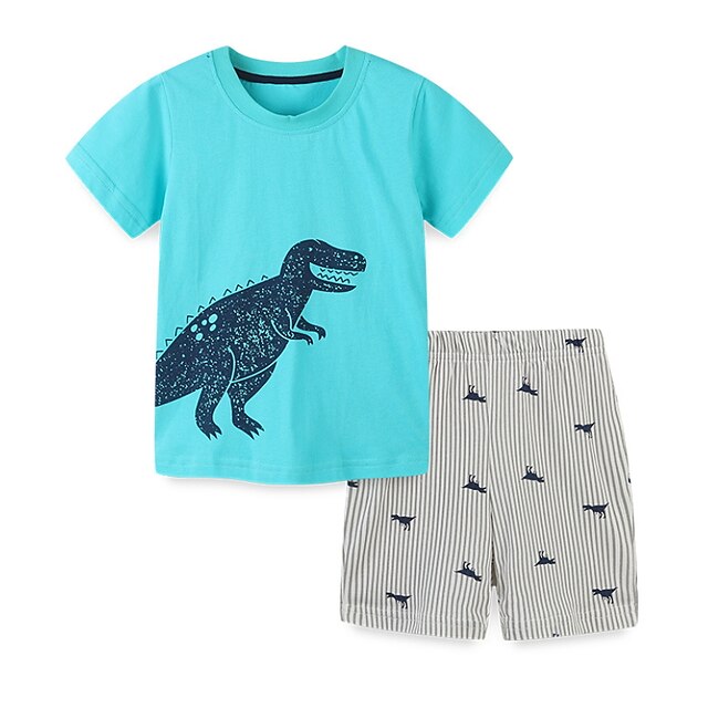 Baby & Kids Boys Clothing | Kids Boys T-shirt & Shorts Clothing Set 2 Pieces Short Sleeve Light Blue Stripe Dinosaur Animal Prin