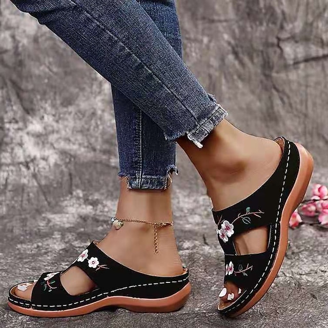  Women's Sandals Outdoor Slippers Comfort Shoes Outdoor Daily Walking Floral Summer Embroidery Wedge Heel Open Toe Casual Chinoiserie Walking Faux Leather Loafer Black Red Brown