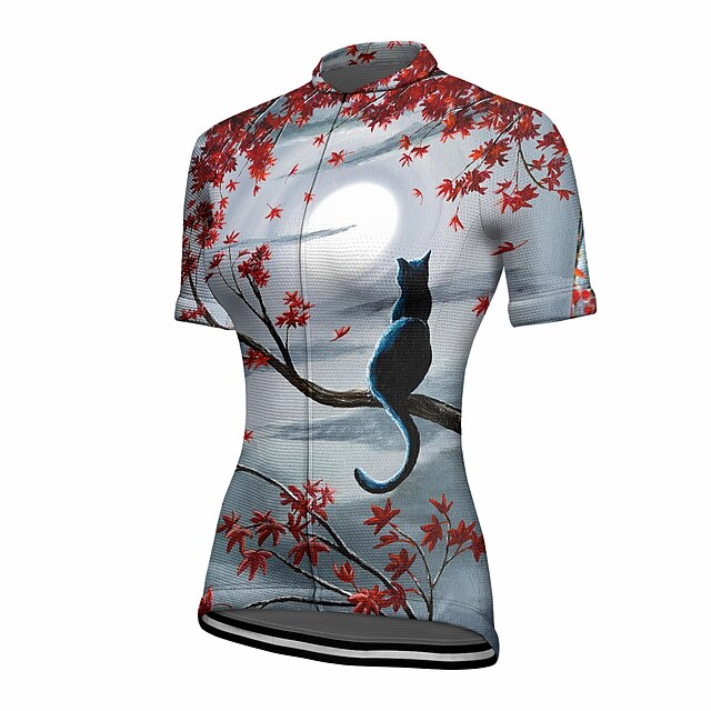  21Grams Women's Cycling Jersey Short Sleeve Bike Top with 3 Rear Pockets Mountain Bike MTB Road Bike Cycling Breathable Quick Dry Moisture Wicking Reflective Strips Grey Cat Floral Botanical