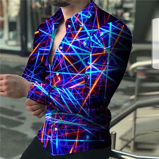  Homens Camisa Social Linear Aberto para a Lateral Amarelo Rosa Azul Verde Cinzento Impressão 3D Ao ar livre Rua Manga Longa Botão para baixo Imprimir Roupa Moda Designer Casual Respirável