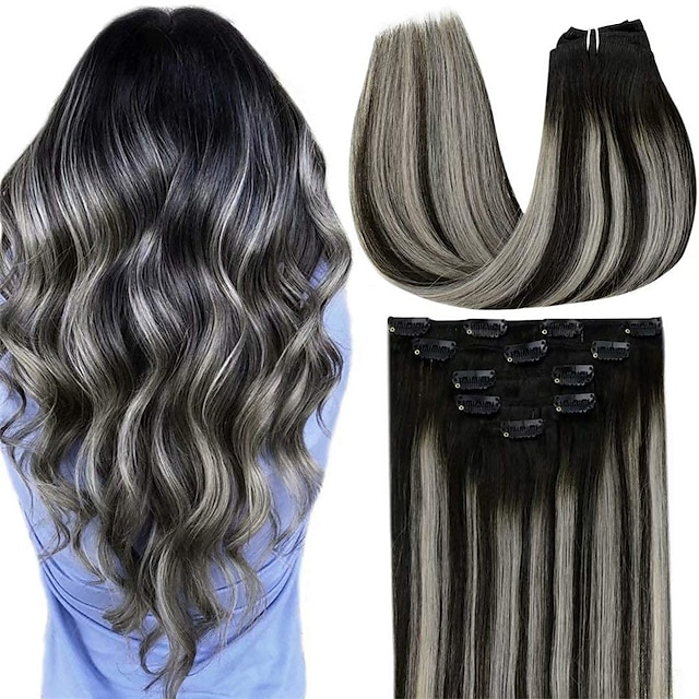 Clip in Hair Extensions Real Human Hair Ombre Balayage Off Black to Silver  Grey Highlights Black Hair Extensions Clip in Human Hair Thick 10-26 Inch  7Pcs 70g 9065621 2023 – $