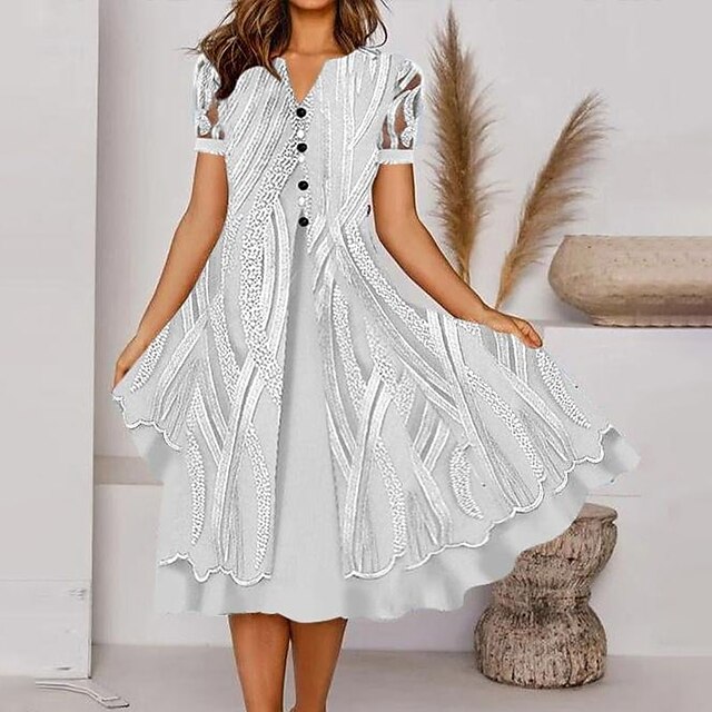 

Women's A Line Dress Short Mini Dress White Pink Khaki Light Blue Short Sleeve Striped Mesh Button Print Spring Summer V Neck Stylish Work Elegant 2022 S M L XL XXL 3XL