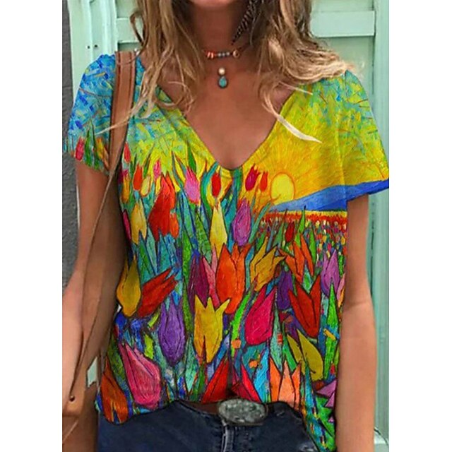 

Women's Floral Theme Butterfly Painting T shirt Floral Butterfly Print V Neck Basic Tops Blue White Red / 3D Print