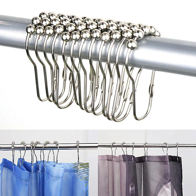 12 pcs Stainless Steel Curtain Hooks Bath Curtain Rollerball Shower Curtain Rings Hooks 5 Rollers Polished Satin Nickel Ball 11
