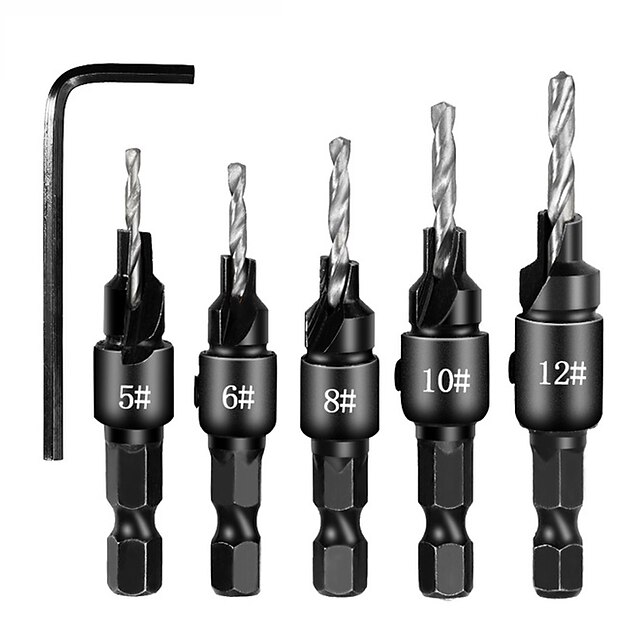  5 יחידות מקדחי hss 1/4 שוק משושה שקוע שקוע כלי טפח לעיבוד עץ חור פיילוט גודל #6 #8 #10 #12 #14 עם מפתח מפתח אחד