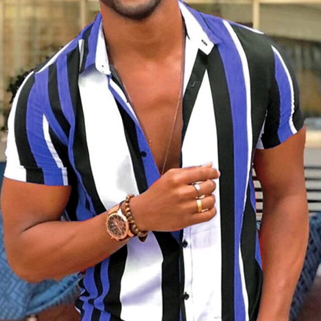 Men's Striped Geometric Pattern Shirt Bowling Shirt Button Up Shirt Short Sleeve Fashion Designer Casual Outdoor Casual Daily Spring & Summer Turndown Button-Down Pink Blue Purple Blue-White 6