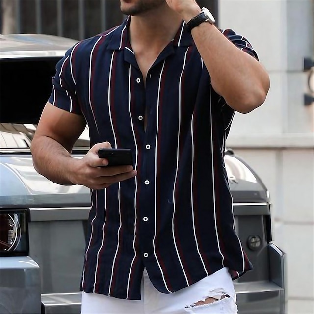  男性用 シャツ ボタンアップシャツ サマーシャツ キャンプシャツ キューバシャツ ブラック ネイビーブルー 半袖 ストライプ 折襟 ストリート カジュアル ボタンダウン 衣類 スポーツ ファッション クラシック 快適