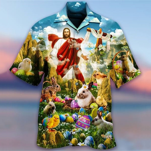  Herren Hemd Hawaiihemd Sommerhemd Grafik-Shirt Mensch Jesus Umlegekragen Blau Grün Regenbogen Dunkelgray Outdoor Strasse 3D Button-Down Bekleidung Modisch Designer Brautkleider schlicht Atmungsaktiv