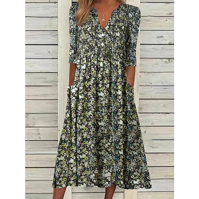  Women's Casual Dress Floral Ditsy Floral Ruched Print V Neck Midi Dress Elegant Daily Date Half Sleeve Summer Spring