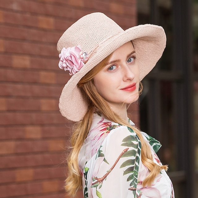  eleganti cappelli di paglia da spiaggia con fiocco in raso 1pc per feste / serate / copricapo casual