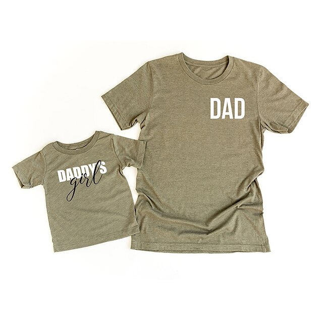 Baby & Kids Matching Outfits | Dad and Daughter T shirt Tops Letter Street Print Army Green Short Sleeve Active Matching Outfits