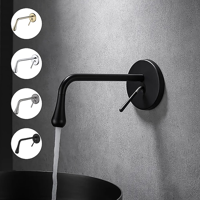  Moderner, verchromter, schwarzer Wasserhahn für Waschbecken und Wäscherei mit drehbarem tropfenförmigem Auslauf, Einloch-Waschtischarmatur zur Wandmontage mit einem Griff und Schalter für heißes und