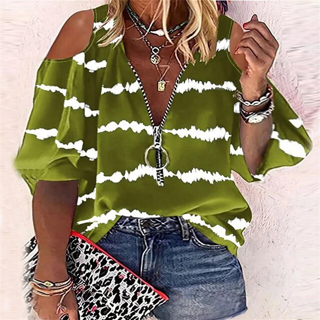  Women's Plus Size Tops T shirt Tee Striped Tie Dye Half Sleeve Cut Out Zipper Basic Streetwear Preppy One Shoulder Cotton Daily Vacation Spring Summer Green Orange / V Neck / V Neck / Print