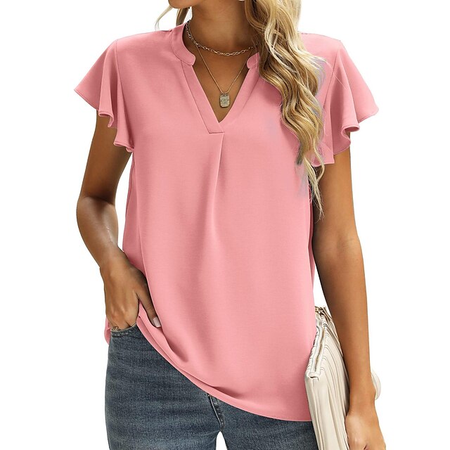  an  n   women‘s clothing  hot product v-neck feifei sleeve casual short-sleeved solid color chiffon shirt