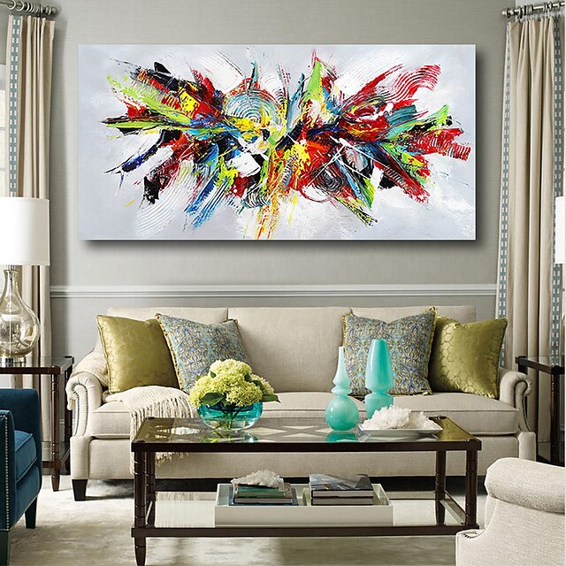 Home & Garden Wall Art | Oil Painting Hand Painted Horizontal Abstract Floral / Botanical Contemporary Modern Stretched Canvas -