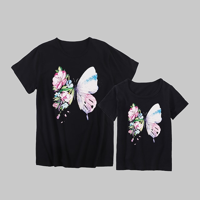 Baby & Kids Matching Outfits | Mommy and Me T shirt Tops Cotton Floral Butterfly Daily Print White Black Gray Short Sleeve Basic