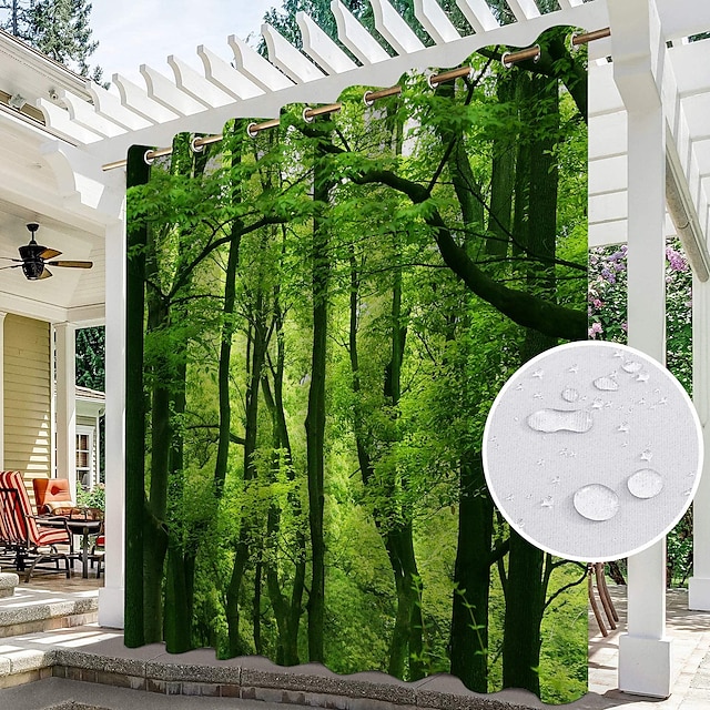  Waterproof Outdoor Curtain Privacy, Sliding Patio Curtain Drapes, Pergola Curtains Grommet 3D Forest Landscape For Gazebo, Balcony, Porch, Party, 1 Panel