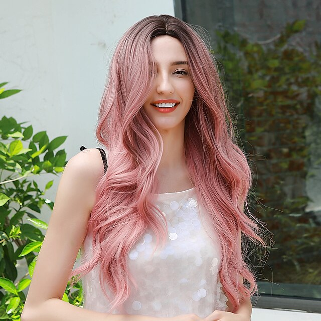 Beauty & Hair Wigs & Hair Pieces | HAIRCUBE Long Pink Wig with Bangs Natural Wave Heat Resistant Culy Hair Synthetic Wigs for Wo