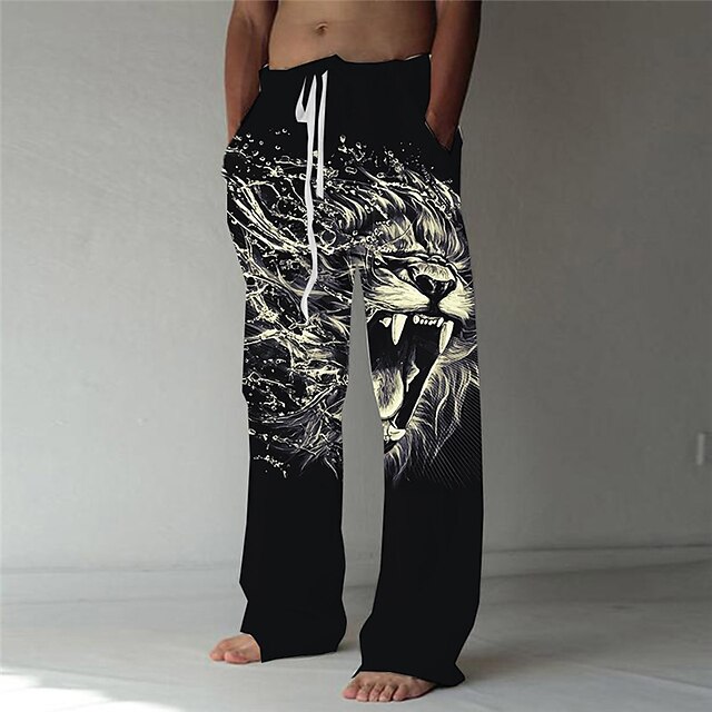 Men's Trousers Summer Pants Beach Pants Elastic Drawstring Design Front Pocket Straight Leg Animal Lion Graphic Prints Comfort Soft Casual Daily Fashion Designer Black Green4