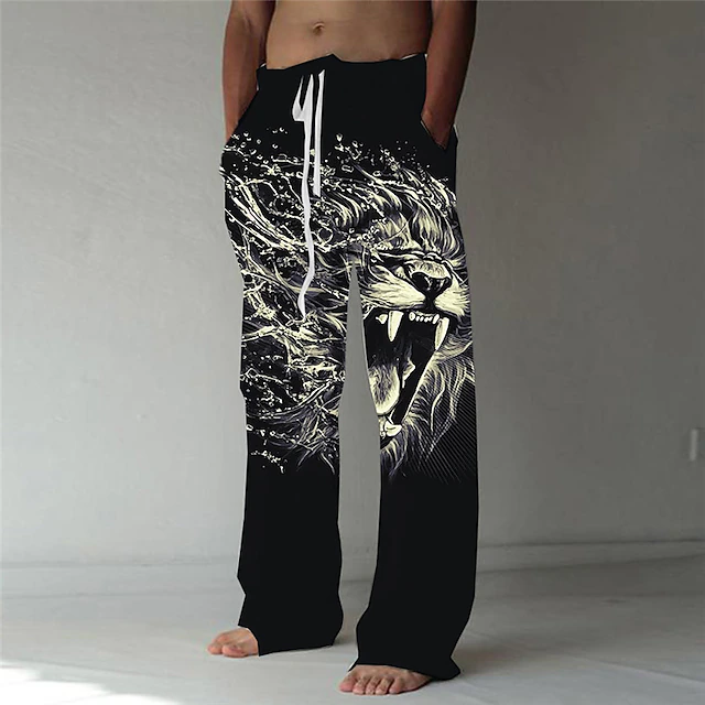 Men's Trousers Summer Pants Beach Pants Elastic Drawstring Design Front Pocket Straight Leg Animal Lion Graphic Prints Comfort Soft Casual Daily Fashion Designer Black Green4