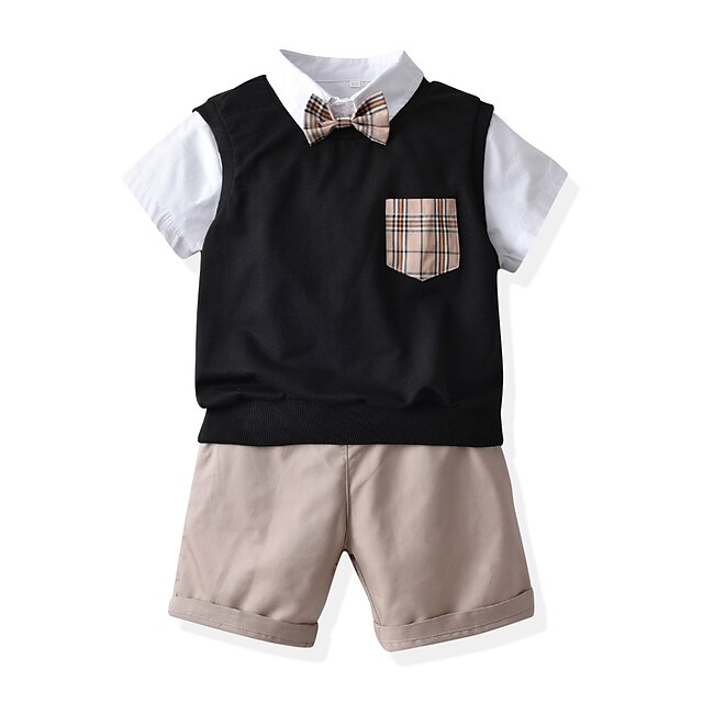 Baby & Kids Boys Clothing | Kids Boys Shirt & Shorts Clothing Set 4 Pieces Short Sleeve Black Solid Color Cotton Formal Gentle 2