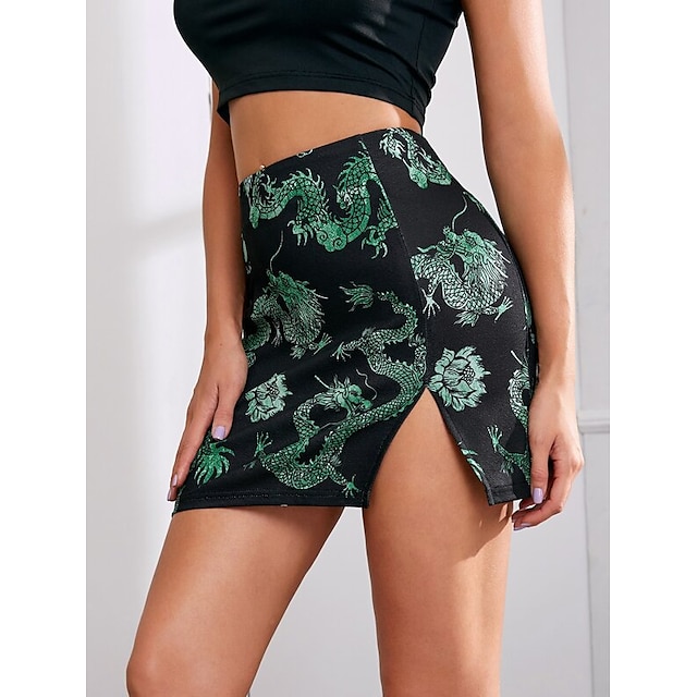 Womens Clothing Womens Bottoms | Womens Fashion Bodycon Skirts Daily Weekend Graphic Split Green Yellow S M L / Print - PZ78583