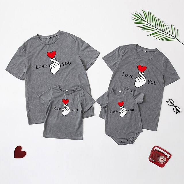 Baby & Kids Matching Outfits | Family Look T shirt Tops Heart Letter Causal Print Green White Light Gray Short Sleeve Daily Matc