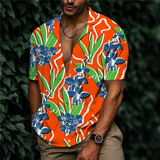 Mens Clothing Mens Shirts | Mens Shirt Print Floral Leaves Turndown Street Casual Button-Down Print Short Sleeve Tops Casual Fas