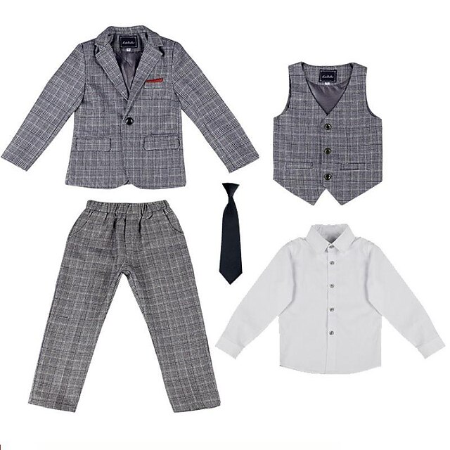 Baby & Kids Boys Clothing | Kids Boys Formal Set Clothing Set 5 Pieces Long Sleeve Gray Plaid Formal Birthday Gentle Preppy Styl