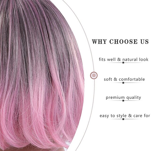 Beauty & Hair Wigs & Hair Pieces | Ombre Pink Bob Wigs 2 Tone Short Curly Bob Wig with Bangs Colorful Glueless Synthetic Hair Wi