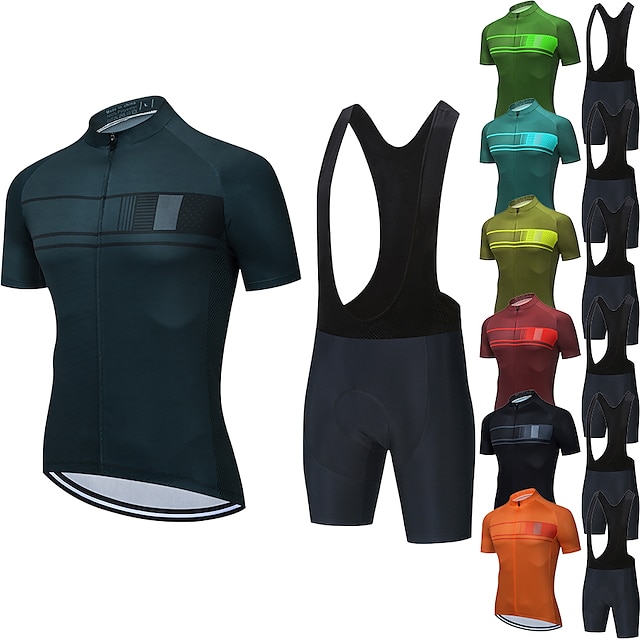  21Grams Men's Cycling Jersey with Bib Shorts Short Sleeve Mountain Bike MTB Road Bike Cycling Black Green Dark Green Stripes Bike Clothing Suit 3D Pad Breathable Quick Dry Moisture Wicking Back Pocket