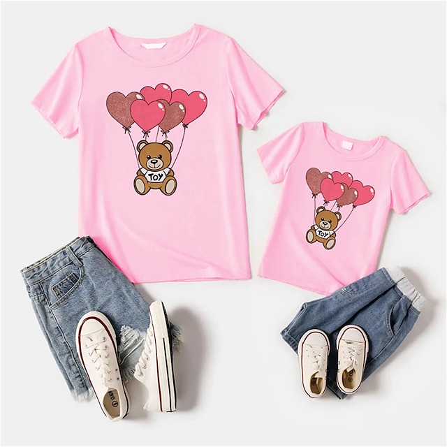 Baby & Kids Matching Outfits | Mommy and Me T shirt Tops Heart Bear Letter Causal Print Pink Short Sleeve Daily Matching Outfits